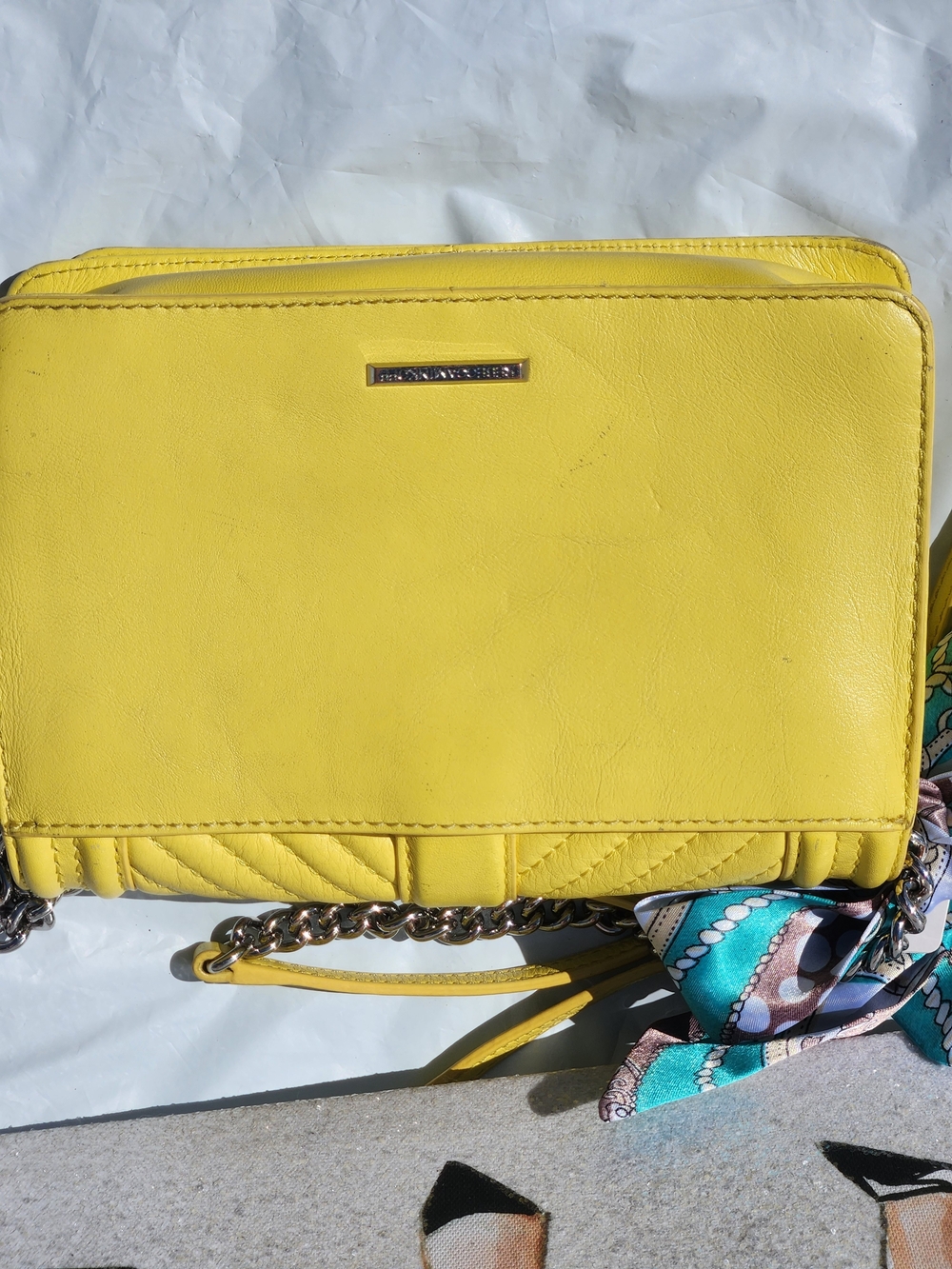 Rebecca Minkoff Yellow Quilted Shoulder Bag w Chain Strap & Free Bag Scarf/Charm - Picture 7 of 16